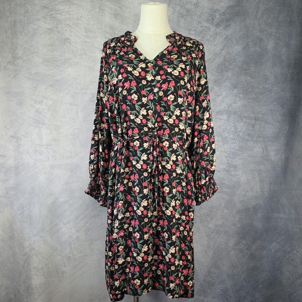 Draper James RSVP Dress Womens XL Black Floral Tie Waist Smocked Cuffs KD7032RT - Picture 1 of 16